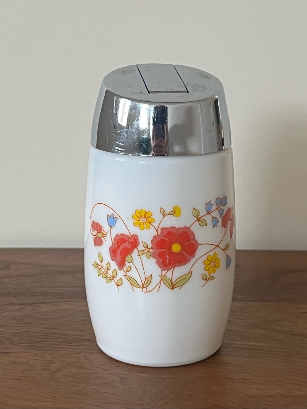 Vintage 1970s Milk Glass Sugar Dispenser Shaker – Retro Wildflower Pattern